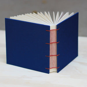 Open blue book with red string binding on a white surface