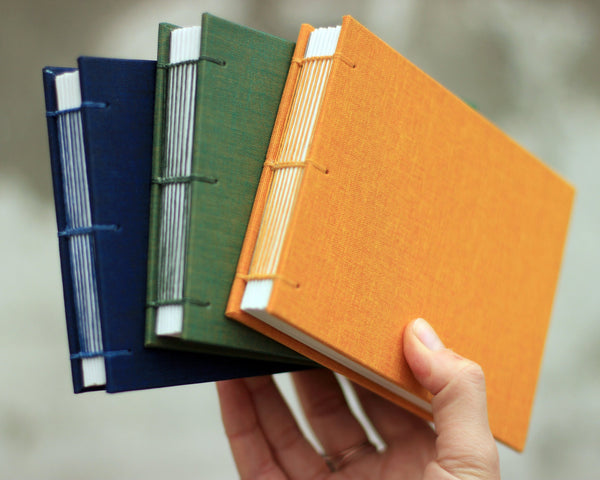 Load image into Gallery viewer, hand holding blue, green and yellow sketchbooks
