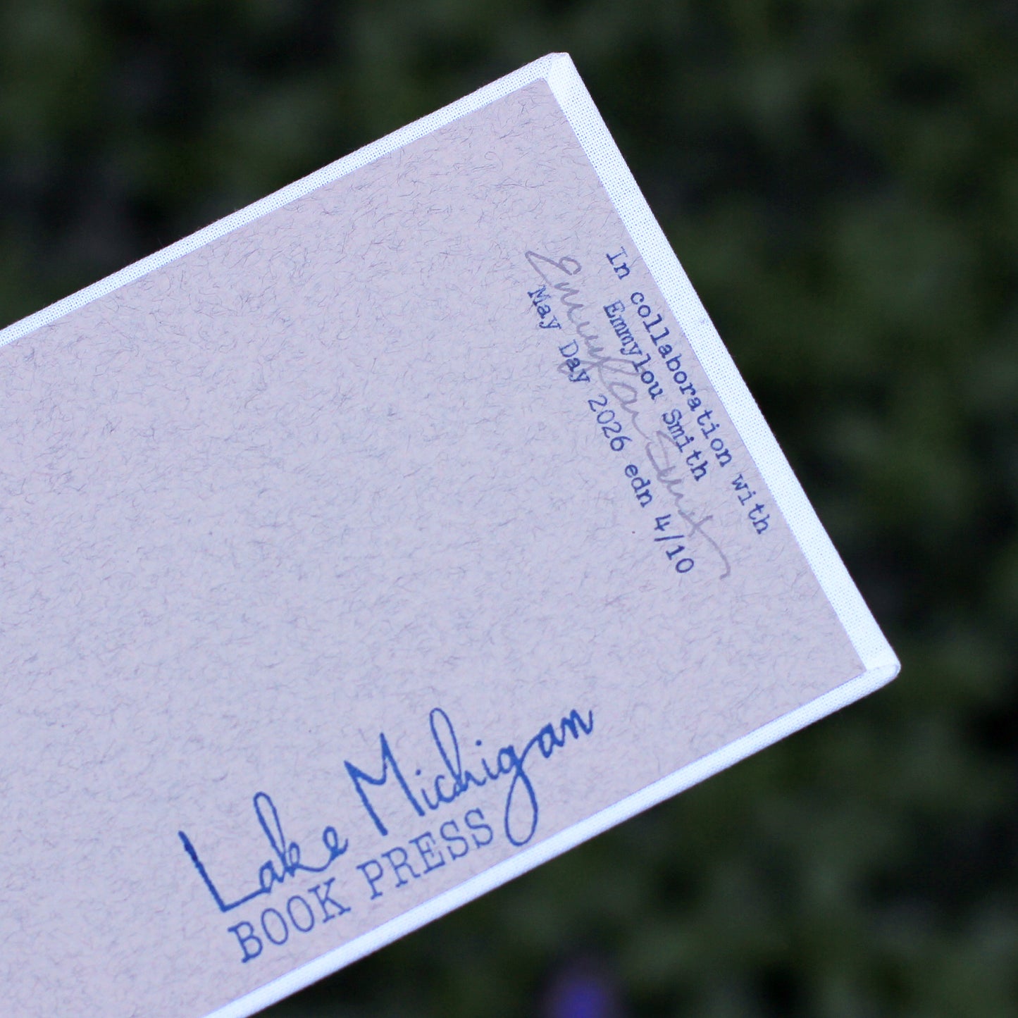 Typewritten inscription from Emmylou Smith Lake Michigan Book Press sketchbook. Leafy green background.