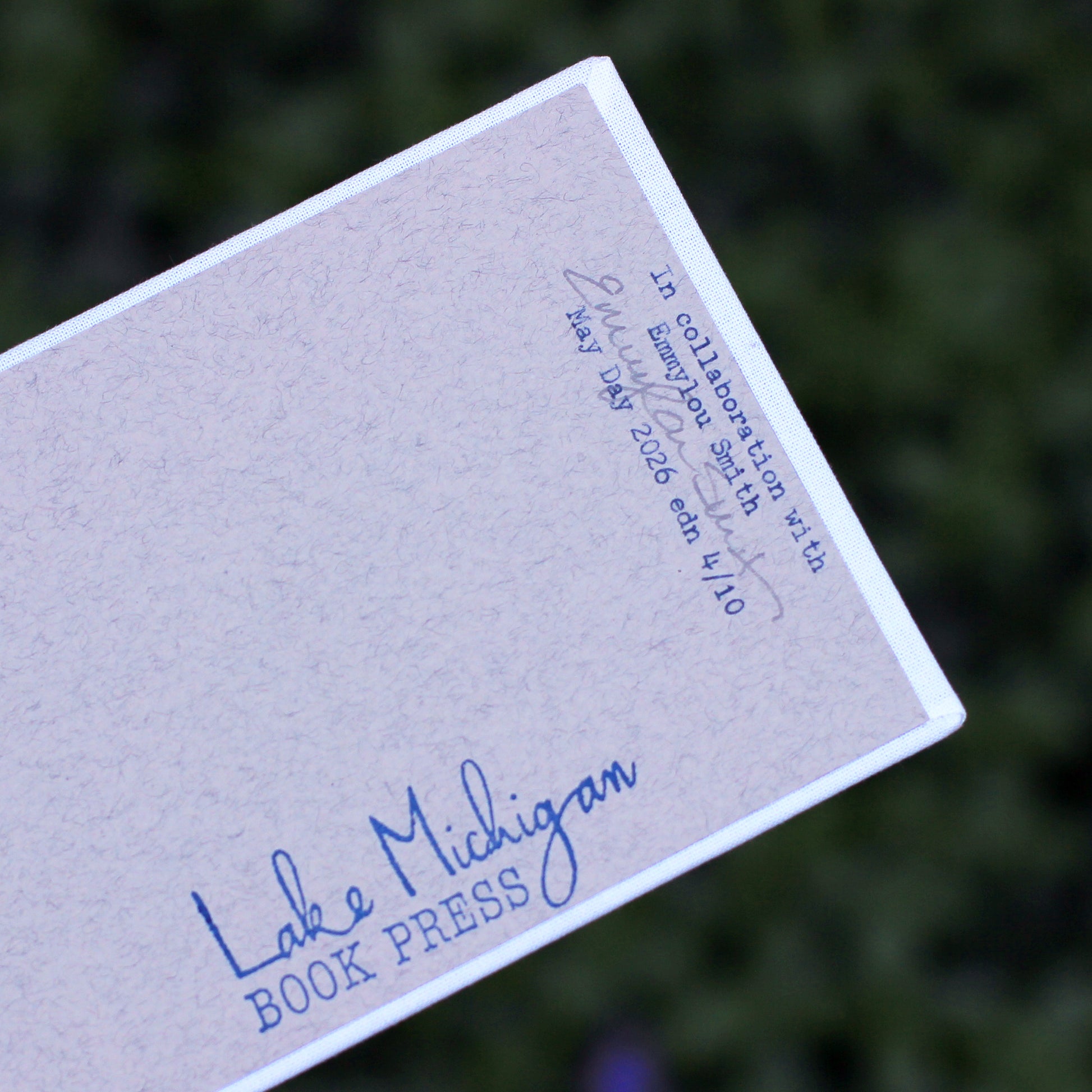 Typewritten inscription from Emmylou Smith Lake Michigan Book Press sketchbook. Leafy green background.