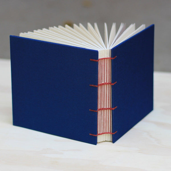 Load image into Gallery viewer, Open blue book with red string binding on a white surface
