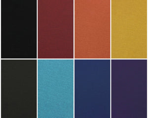 fabric choices, black, red, orange, yellow, gray, turquoise, blue or purple