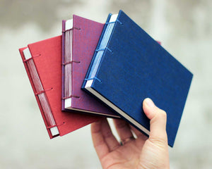 hand holding red, purple and blue handmade sketchbooks