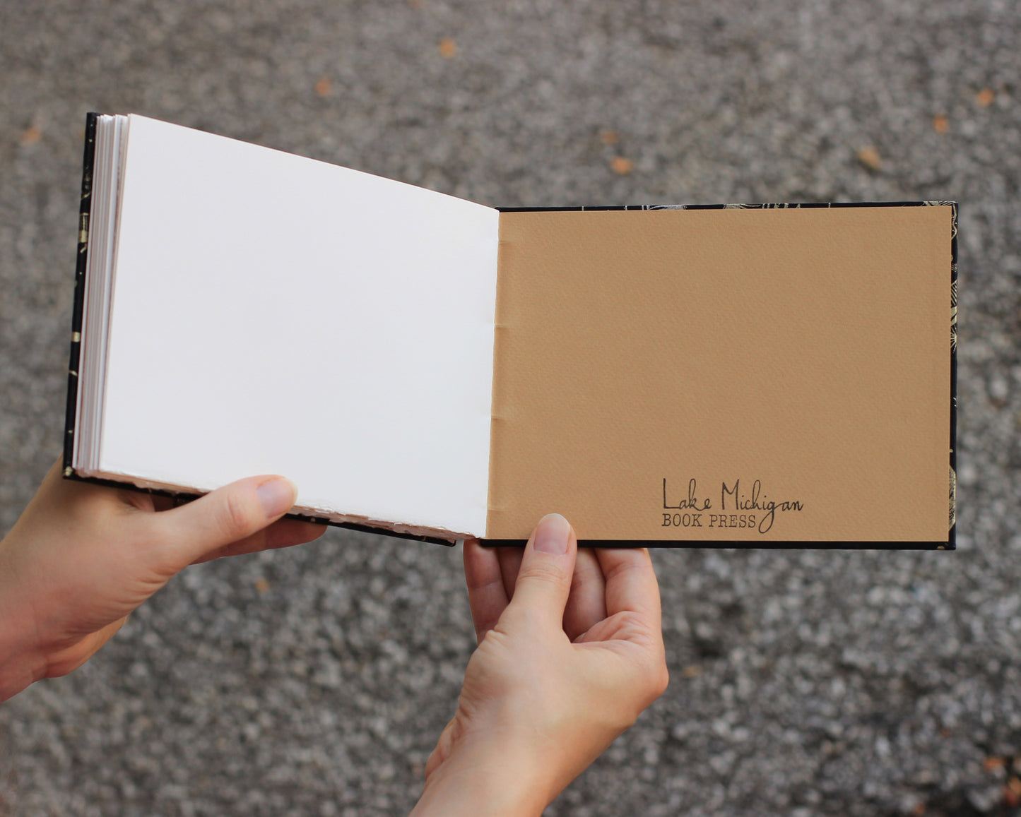 Blank sketchbook open to back interior cover, held open by two hands. Back cover reads "lake michigan book press" in script on a tan background.