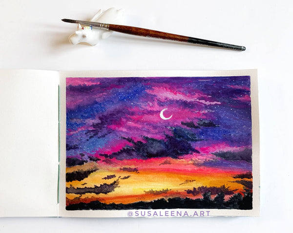 Load image into Gallery viewer, painting of sunset and moon in Susanna Lee&#39;s Lake Michigan Book Press sketchbook
