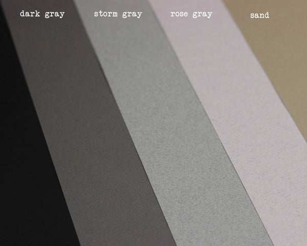 Load image into Gallery viewer, paper choices for pocket, dark gray, steel gray, rose gray and sand
