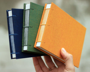 hand holding blue, green and yellow sketchbooks